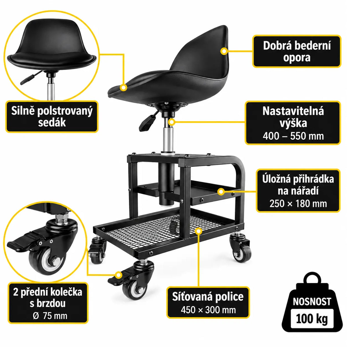 Polstrovaná dílenská stolička na čtyřech kolečkách
